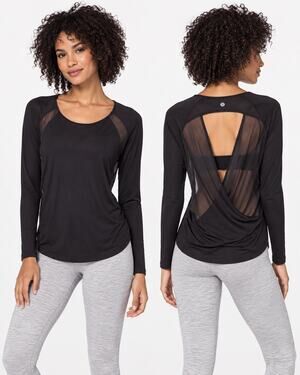 Balletcore Yoga Luxe Lululemon Mix & Mesh Long Sleeve Black Open Back Sheer Top